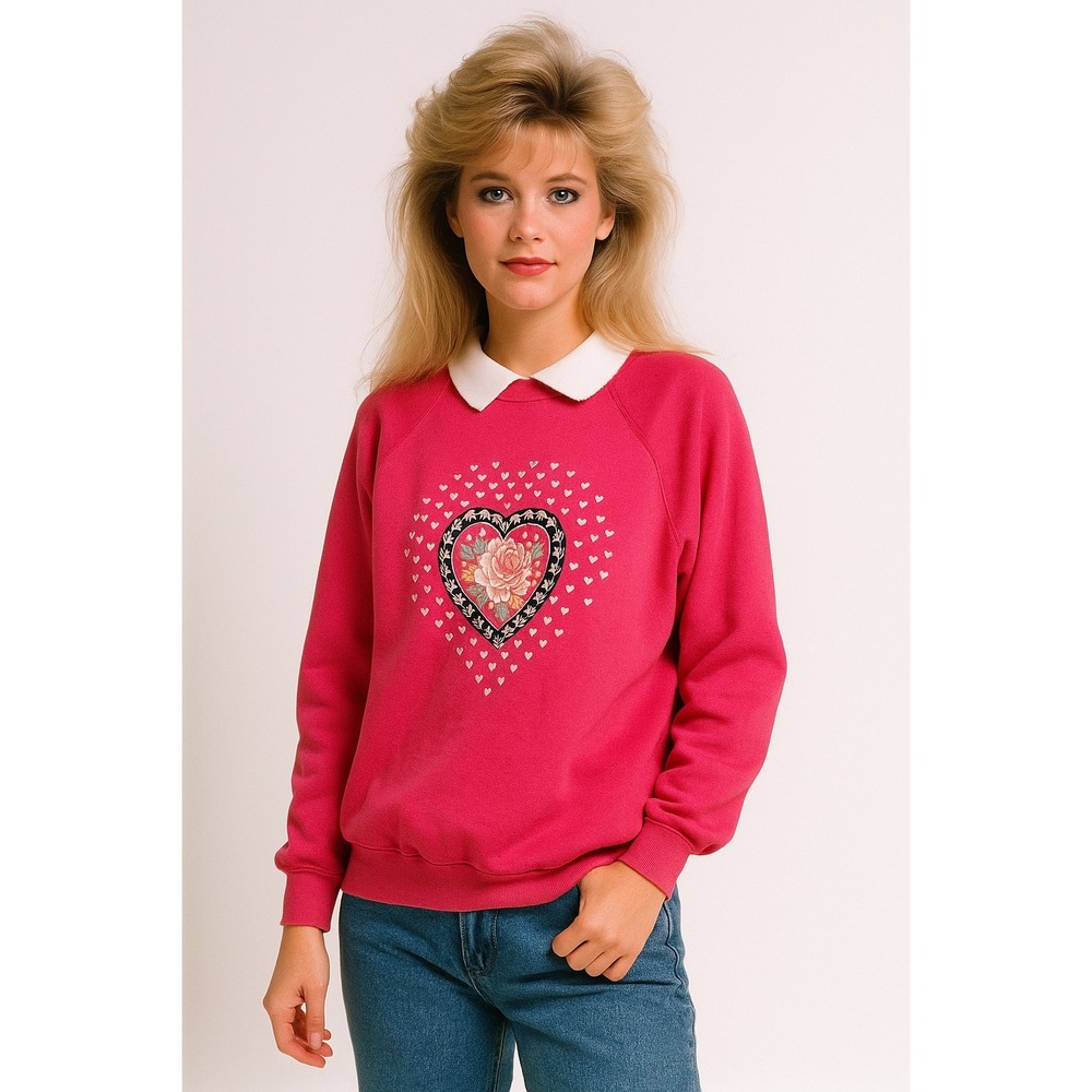 Santee Sweats Sweatshirt Vintage L Pink Heart Embroidery Collared Grandmacore‎